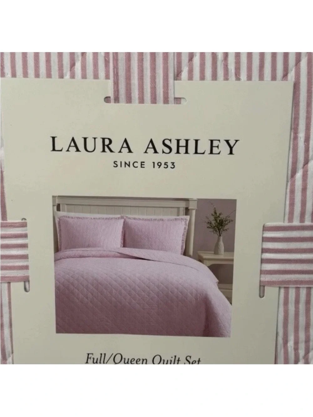 Laura Ashley Full/Queen Pink Oxford Stripe Reversible Cotton Quilt Set NWT